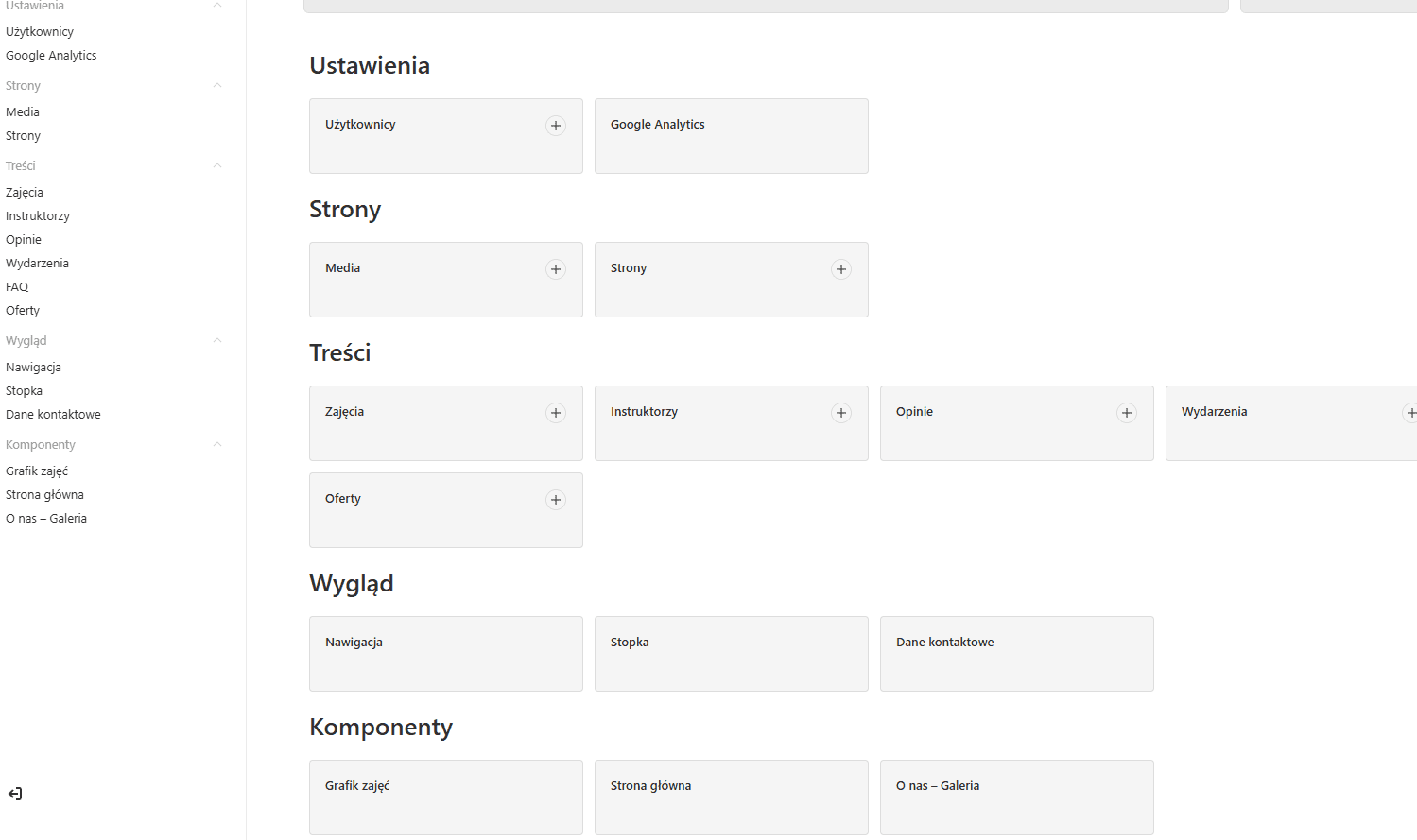 Payload CMS admin panel for Pantera — collections grouped into Ustawienia, Strony, Treści, Wygląd, Komponenty